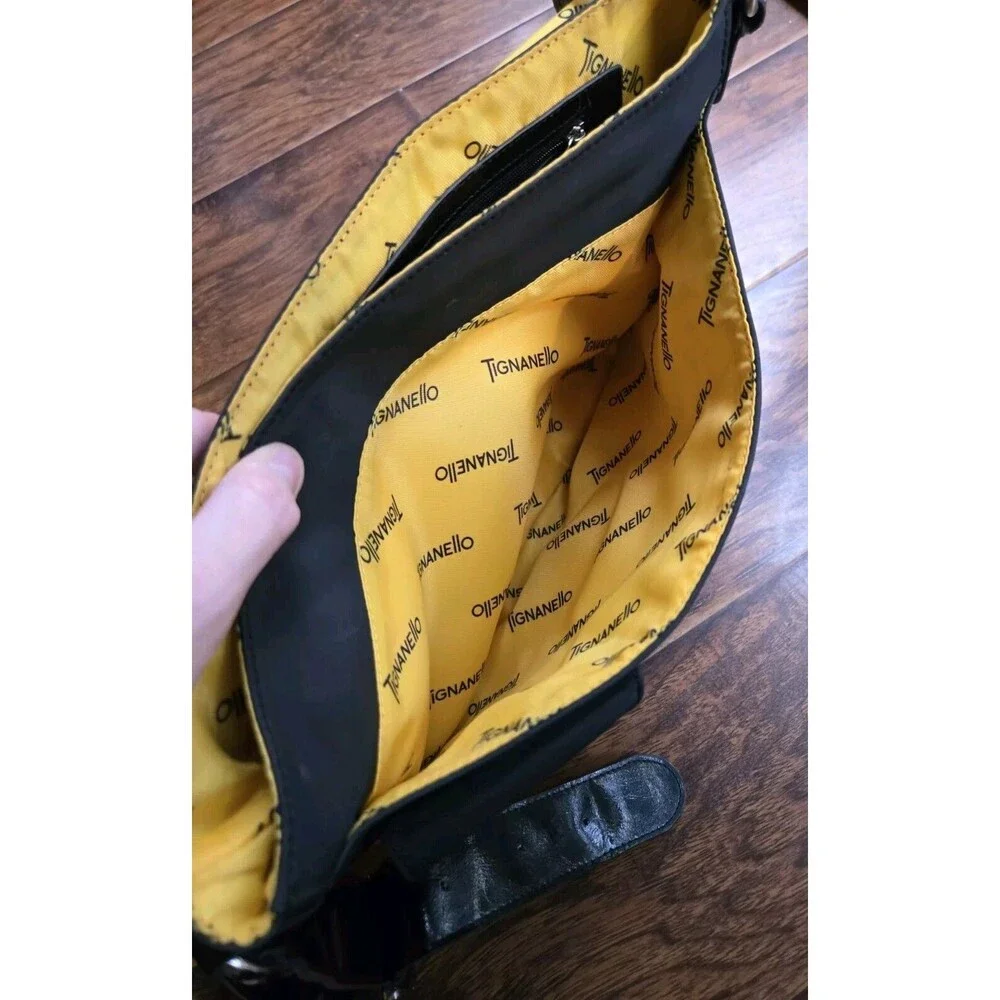 Tignanello Messenger Shoulder Bag Black Yellow Interior Laptop Computer Purse